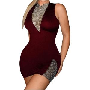 imageMakeMeChic Womens Rhinestone Sparkly Fishnet Tank Dress Mock Neck Sleeveless Bodycon Party DressesBurgundy