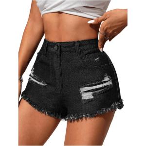 imageMakeMeChic Womens Ripped Denim Shorts Raw Trim Straight Leg Jean Shorts with PocketBlack
