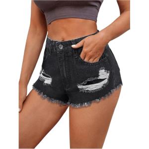imageMakeMeChic Womens Ripped Denim Shorts Raw Trim Straight Leg Jean Shorts with PocketDark Grey
