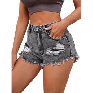 imageMakeMeChic Womens Ripped Denim Shorts Raw Trim Straight Leg Jean Shorts with PocketLight Grey