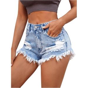 imageMakeMeChic Womens Ripped Denim Shorts Raw Trim Straight Leg Jean Shorts with PocketLight Wash