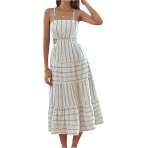 imageMakeMeChic Womens Spaghetti Strap Striped Side Cut Out Waist Dress Backless Summer Flowy DressesMulticolor