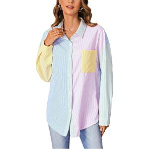 imageMakeMeChic Womens Striped Colorblork Blouse Oversized Collared Button Down Shirt Long Sleeve TopMulticolor
