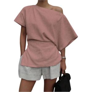 imageMakeMeChic Womens Summer Asymmetrical Tops Dolman Sleeve Blouse Split Hem Dressy ShirtPink