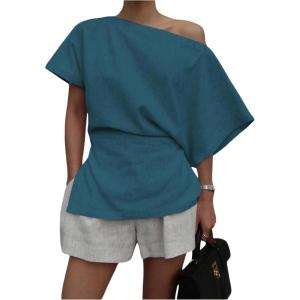 imageMakeMeChic Womens Summer Asymmetrical Tops Dolman Sleeve Blouse Split Hem Dressy ShirtTeal Blue