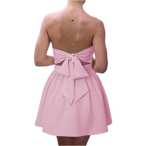 imageMakeMeChic Womens Summer Elegant Strapless Mini Dress with Bow Ruched Ruffle A Line Bandeau Party Mini DressPink