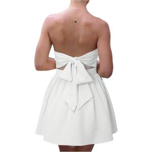 imageMakeMeChic Womens Summer Elegant Strapless Mini Dress with Bow Ruched Ruffle A Line Bandeau Party Mini DressWhite