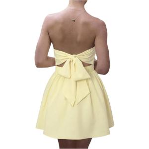 imageMakeMeChic Womens Summer Elegant Strapless Mini Dress with Bow Ruched Ruffle A Line Bandeau Party Mini DressYellow