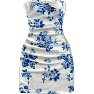 imageMakeMeChic Womens Summer Floral Tube Top Mini Dresses Blue and White Ruched Strapless SundressBlue and White