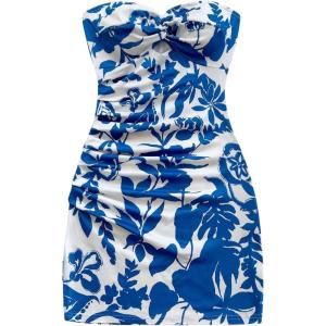 imageMakeMeChic Womens Summer Floral Tube Top Mini Dresses Blue and White Ruched Strapless SundressDeep Blue and White