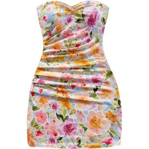 imageMakeMeChic Womens Summer Floral Tube Top Mini Dresses Blue and White Ruched Strapless SundressMulticolor E
