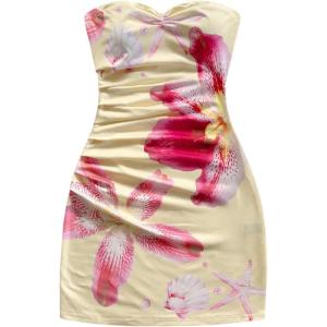 imageMakeMeChic Womens Summer Floral Tube Top Mini Dresses Blue and White Ruched Strapless SundressMulticolor H