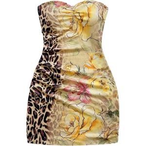 imageMakeMeChic Womens Summer Floral Tube Top Mini Dresses Blue and White Ruched Strapless SundressMulticolor I