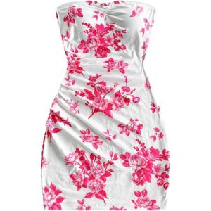 imageMakeMeChic Womens Summer Floral Tube Top Mini Dresses Blue and White Ruched Strapless SundressPink
