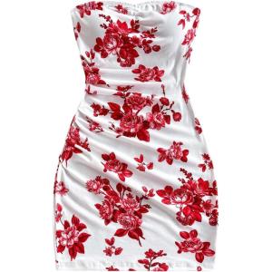 imageMakeMeChic Womens Summer Floral Tube Top Mini Dresses Blue and White Ruched Strapless SundressRed