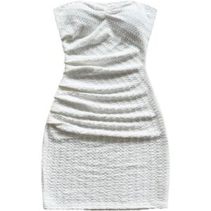 imageMakeMeChic Womens Summer Floral Tube Top Mini Dresses Blue and White Ruched Strapless SundressWhite
