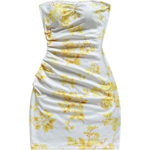 imageMakeMeChic Womens Summer Floral Tube Top Mini Dresses Blue and White Ruched Strapless SundressYellow and White