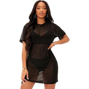imageMakeMeChic Womens Swimsuit Cover Ups Beach Swimwear See Through Sheer Mesh DressC Black