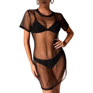 imageMakeMeChic Womens Swimsuit Cover Ups Beach Swimwear See Through Sheer Mesh DressSolid Black