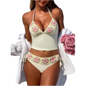 imageMakeMeChic Womens Tankini Bathing Suits Sets Floral Embroidery Halter Tie Side Summer Beach SwimsuitBeige