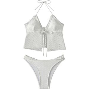imageMakeMeChic Womens Tankini Swimsuits Frill Trim Tie Front Halter High Cut Cheeky Swimsuit Bathing SuitsWhite