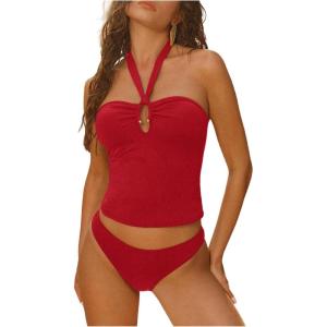 imageMakeMeChic Womens Tankini Swimsuits Halter Tie Back Tummy Control Swimwear Bathing SuitRed