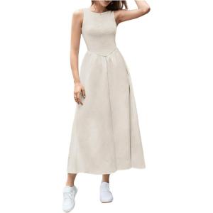 imageMakeMeChic Womens Textured High Waisted Dress Sleeveless Crew Neck Ruffle Midi DressesApricot