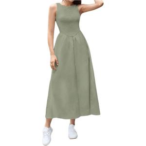imageMakeMeChic Womens Textured High Waisted Dress Sleeveless Crew Neck Ruffle Midi DressesMint Green