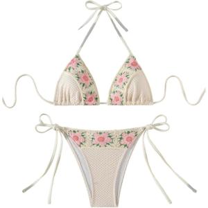 imageMakeMeChic Womens Two Piece Bikini Sets Floral Print Triangle Tie Side Halter Bathing Suits BeachwearApricot