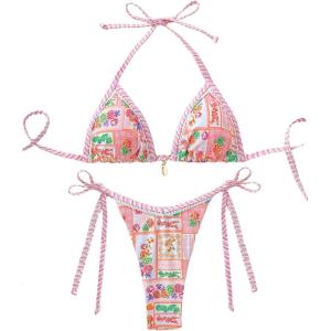 imageMakeMeChic Womens Two Piece Bikini Sets Floral Print Triangle Tie Side Halter Bathing Suits BeachwearPink