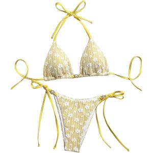 imageMakeMeChic Womens Two Piece Bikini Sets Floral Print Triangle Tie Side Halter Bathing Suits BeachwearYellow
