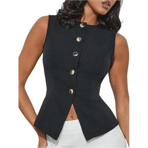 imageMakeMeChic Womens Vest Top Crew Neck Button Down Casual Blazer Vests Sleeveless Work Office TopsBlack
