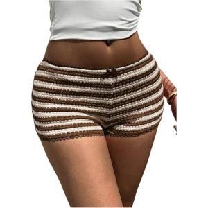 imageMakeMeChic Womens Y2k Striped Crochet Micro Mini Shorts Low Waist Knit Lounge Shorts LoungewearBrown and White