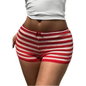 imageMakeMeChic Womens Y2k Striped Crochet Micro Mini Shorts Low Waist Knit Lounge Shorts LoungewearRed and White