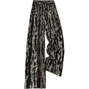 imageMakeMeChic Womens Graphic Print Tie Front Elastic Waist Straight Leg Pants TrousersBlack and Beige