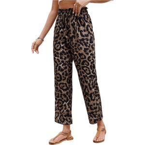 imageMakeMeChic Womens Leopard Print Pants Straight Leg Pants Elastic Waist Tie Front TrousersMulticolor