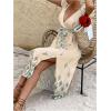 imageMakeMeChic Womens 2025 Summer Dress Boho Floral V Neck Ruffle Sleeve Midi Sundress High Waist Tie Bow Thigh Slit DressApricot