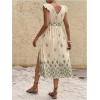 imageMakeMeChic Womens 2025 Summer Dress Boho Floral V Neck Ruffle Sleeve Midi Sundress High Waist Tie Bow Thigh Slit DressApricot