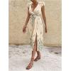 imageMakeMeChic Womens 2025 Summer Dress Boho Floral V Neck Ruffle Sleeve Midi Sundress High Waist Tie Bow Thigh Slit DressApricot