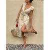 imageMakeMeChic Womens 2025 Summer Dress Boho Floral V Neck Ruffle Sleeve Midi Sundress High Waist Tie Bow Thigh Slit DressApricot