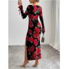 imageMakeMeChic Womens Elegant Floral Maxi Dress Cut Out Metal Sweetheart Long Sleeve Split Bodycon DressesMulticolor