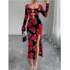 imageMakeMeChic Womens Elegant Floral Maxi Dress Cut Out Metal Sweetheart Long Sleeve Split Bodycon DressesMulticolor