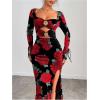 imageMakeMeChic Womens Elegant Floral Maxi Dress Cut Out Metal Sweetheart Long Sleeve Split Bodycon DressesMulticolor