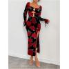 imageMakeMeChic Womens Elegant Floral Maxi Dress Cut Out Metal Sweetheart Long Sleeve Split Bodycon DressesMulticolor