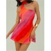 imageMakeMeChic Womens Mesh Tie Dye One Shoulder Mini Dress Backless Y2k Summer Dresses with ScarfMulticolor