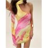 imageMakeMeChic Womens Mesh Tie Dye One Shoulder Mini Dress Backless Y2k Summer Dresses with ScarfYellow and Pink