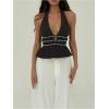 imageMakeMeChic Womens Metal Halter Tops Open Back Ruffle Hem Sleeveless Tank ClubwearBrown