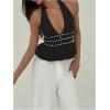 imageMakeMeChic Womens Metal Halter Tops Open Back Ruffle Hem Sleeveless Tank ClubwearBrown
