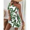 imageMakeMeChic Womens Mini Dresses Tropical Print Asymmetrical Neck Dress Cut Out Sleeveless Summer DressGreen