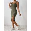 imageMakeMeChic Womens Ribbed Knit Tank Dress Square Neck Sleeveless Split Thigh Bodycon Midi DressesArmy Green